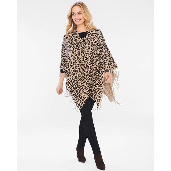 Chicos‎ Lace-Up Animal-Print Fringe Poncho One Size fits boho western lagenlook - Picture 1 of 11